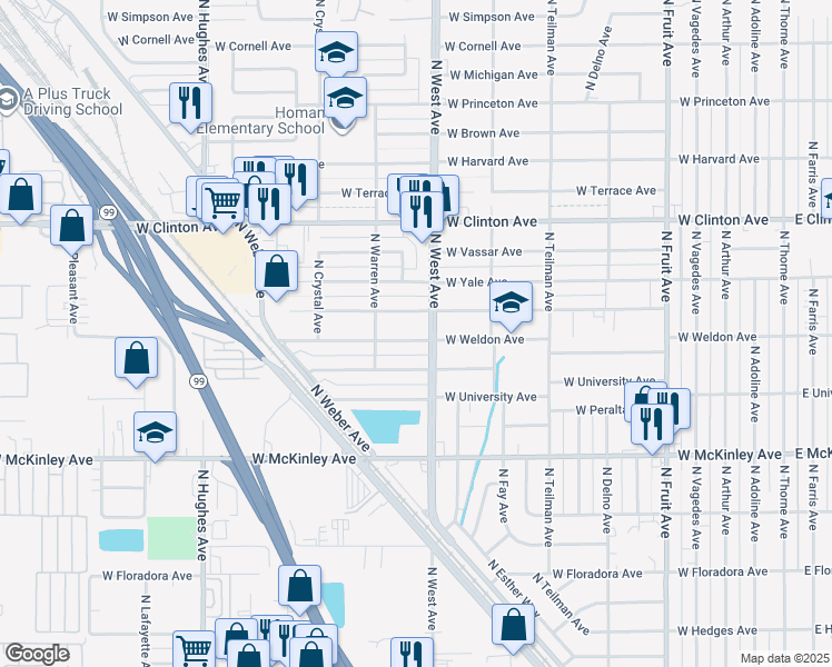 map of restaurants, bars, coffee shops, grocery stores, and more near 1324 West Weldon Avenue in Fresno