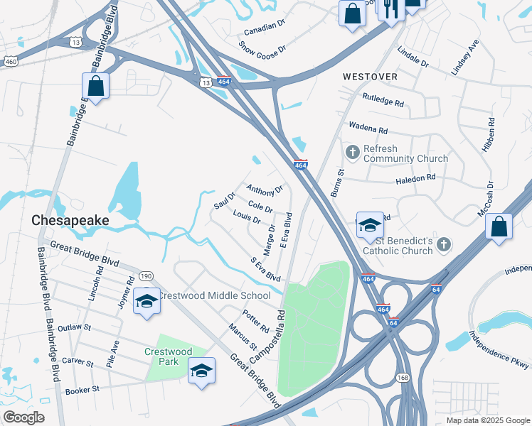 map of restaurants, bars, coffee shops, grocery stores, and more near 1416 Cole Drive in Chesapeake