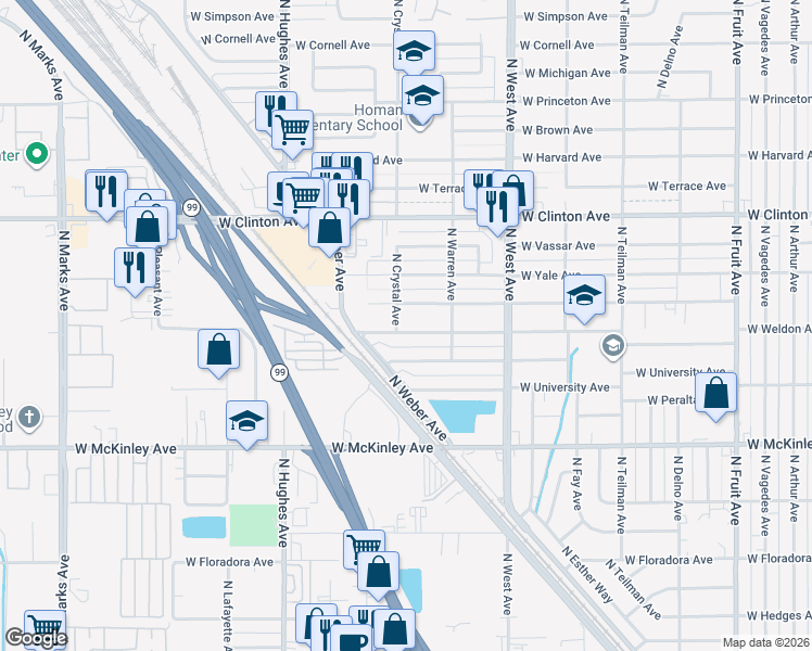 map of restaurants, bars, coffee shops, grocery stores, and more near 1632 West Weldon Avenue in Fresno