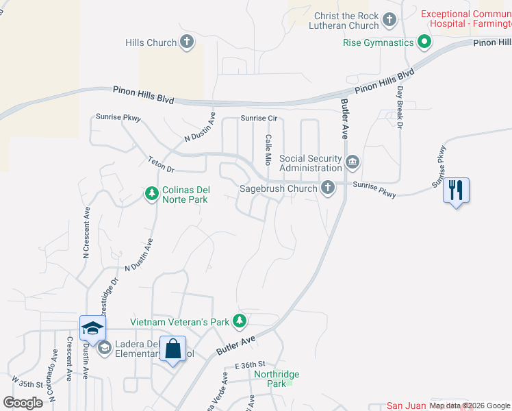 map of restaurants, bars, coffee shops, grocery stores, and more near 4401 Rayos Del Sol Drive in Farmington