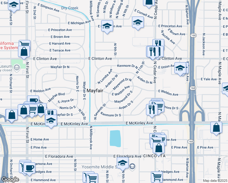 map of restaurants, bars, coffee shops, grocery stores, and more near 3834 East Weldon Avenue in Fresno