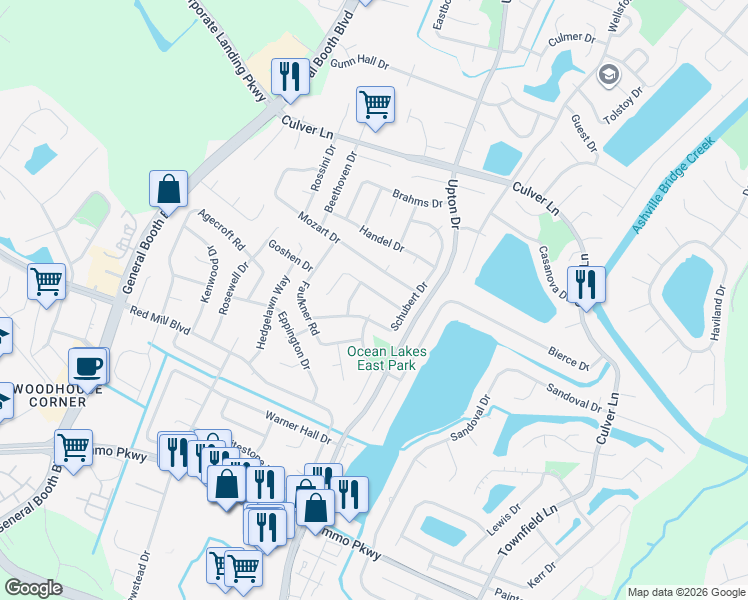map of restaurants, bars, coffee shops, grocery stores, and more near 2109 Schubert Drive in Virginia Beach