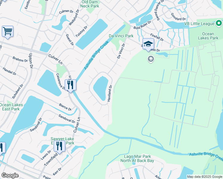 map of restaurants, bars, coffee shops, grocery stores, and more near 1856 Haviland Drive in Virginia Beach