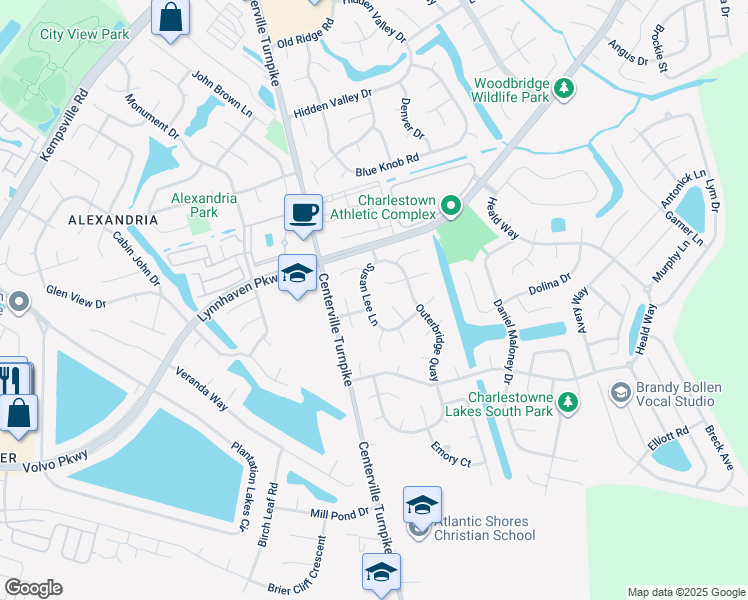 map of restaurants, bars, coffee shops, grocery stores, and more near 2053 Susan Lee Lane in Virginia Beach