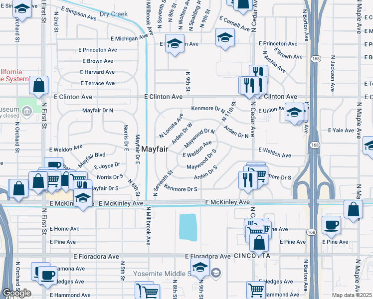 map of restaurants, bars, coffee shops, grocery stores, and more near 3834 East Weldon Avenue in Fresno