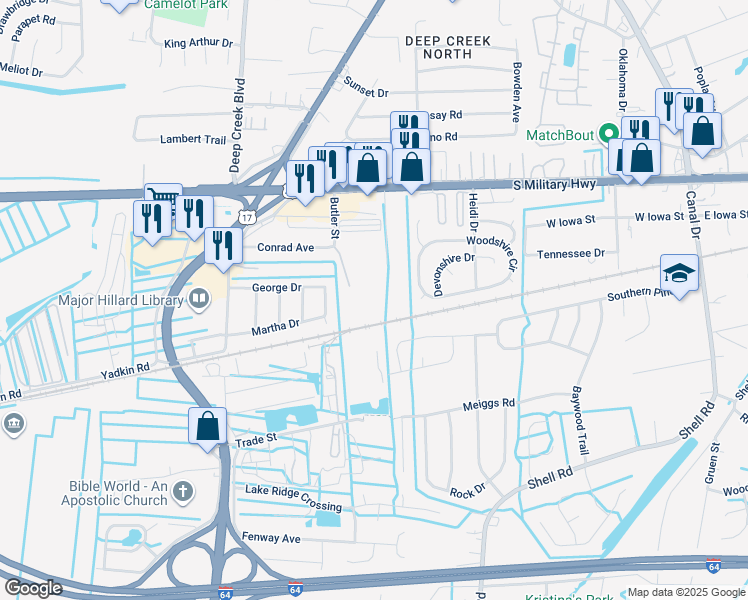 map of restaurants, bars, coffee shops, grocery stores, and more near Butler Street in Chesapeake