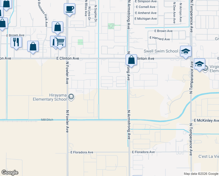 map of restaurants, bars, coffee shops, grocery stores, and more near 2187 North Armstrong Avenue in Fresno
