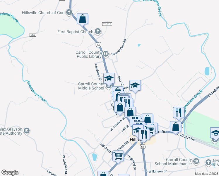 map of restaurants, bars, coffee shops, grocery stores, and more near 1036 North Main Street in Hillsville