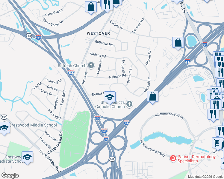 map of restaurants, bars, coffee shops, grocery stores, and more near 445 McCosh Drive in Chesapeake