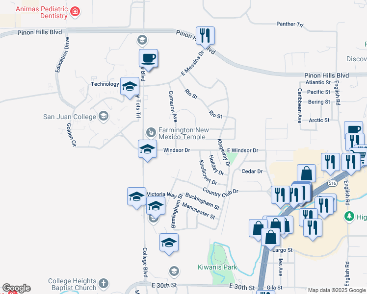 map of restaurants, bars, coffee shops, grocery stores, and more near 3801 Windsor Drive in Farmington