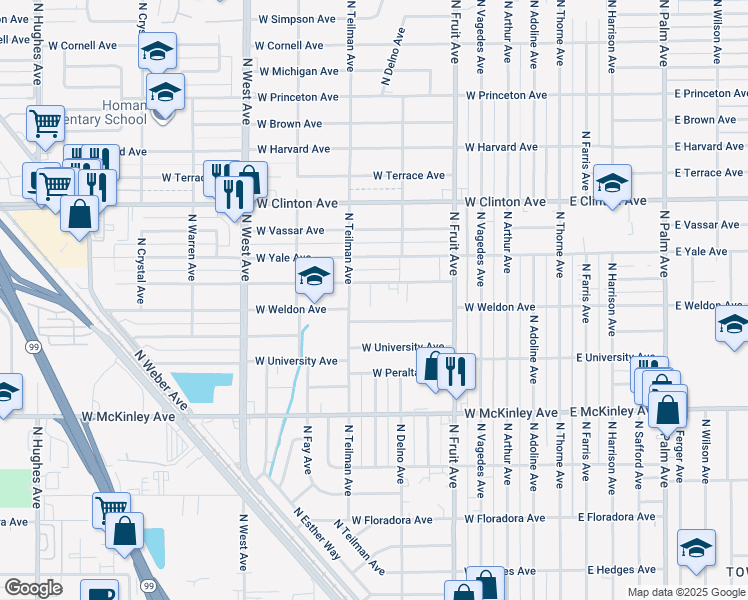 map of restaurants, bars, coffee shops, grocery stores, and more near 824 West Weldon Avenue in Fresno