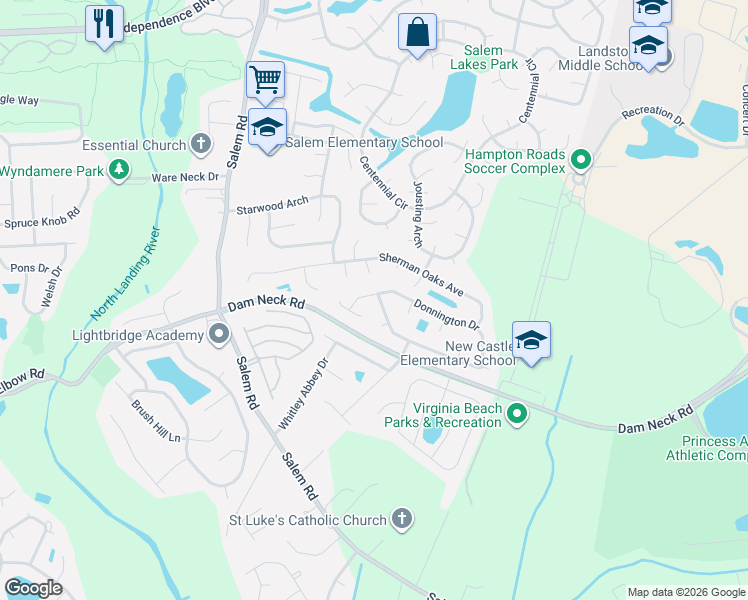 map of restaurants, bars, coffee shops, grocery stores, and more near 3884 Whitley Park Drive in Virginia Beach