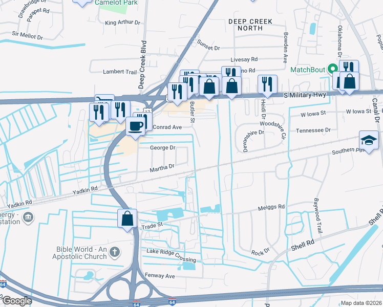 map of restaurants, bars, coffee shops, grocery stores, and more near 801 Custis Avenue in Chesapeake