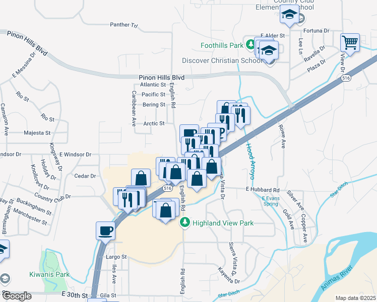 map of restaurants, bars, coffee shops, grocery stores, and more near 4900 East Main Street in Farmington