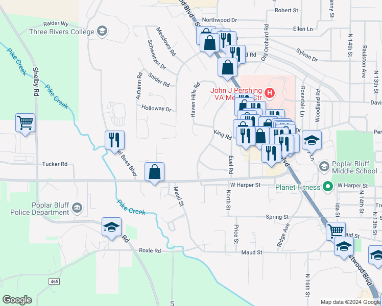map of restaurants, bars, coffee shops, grocery stores, and more near 1203 Lurlyn Road in Poplar Bluff