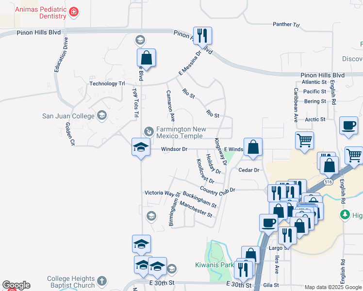map of restaurants, bars, coffee shops, grocery stores, and more near 3801 Windsor Drive in Farmington
