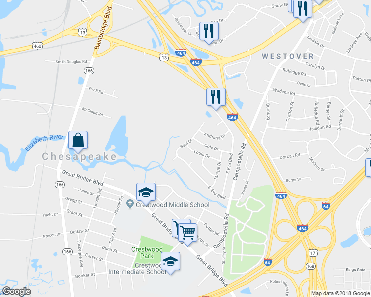 map of restaurants, bars, coffee shops, grocery stores, and more near 1440 Louis Drive in Chesapeake
