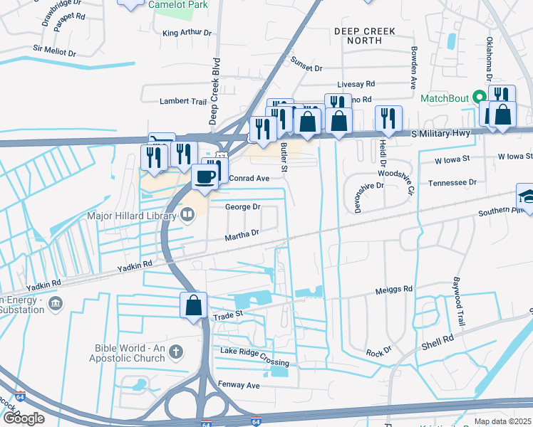 map of restaurants, bars, coffee shops, grocery stores, and more near 2716 George Drive in Chesapeake