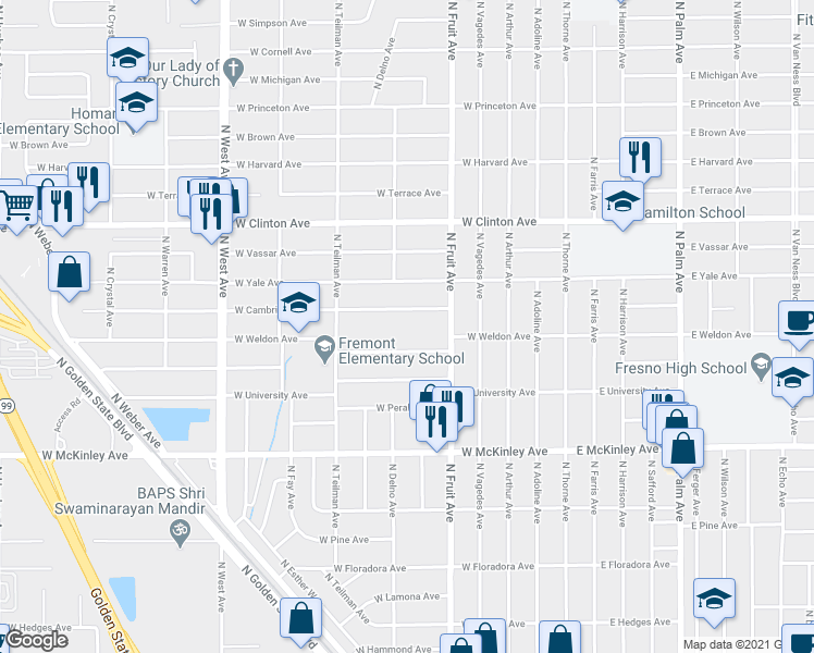 map of restaurants, bars, coffee shops, grocery stores, and more near 615 West Cambridge Avenue in Fresno