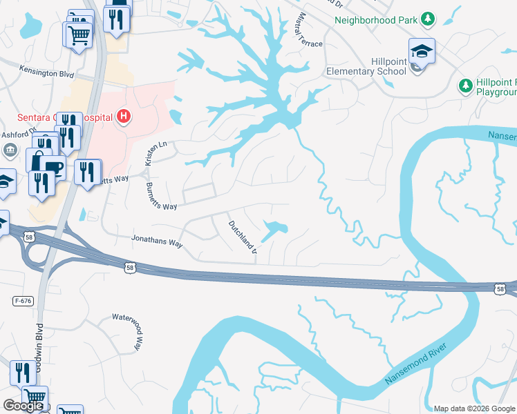 map of restaurants, bars, coffee shops, grocery stores, and more near 108 Mallard Drive in Suffolk