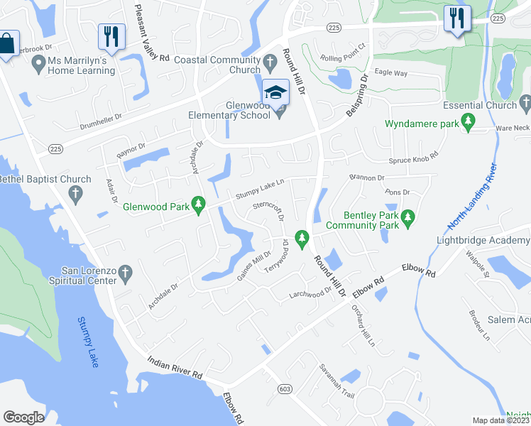 map of restaurants, bars, coffee shops, grocery stores, and more near 3800 Ellington Court in Virginia Beach