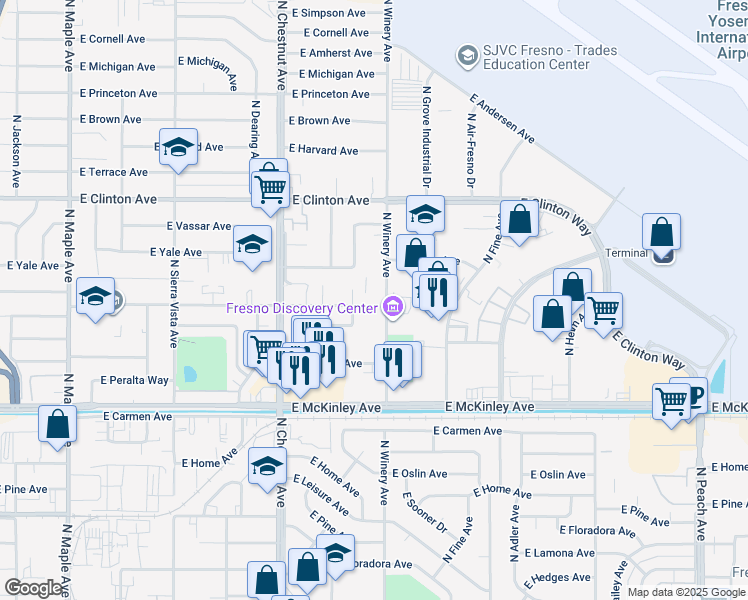 map of restaurants, bars, coffee shops, grocery stores, and more near 2042 North Laureen Avenue in Fresno