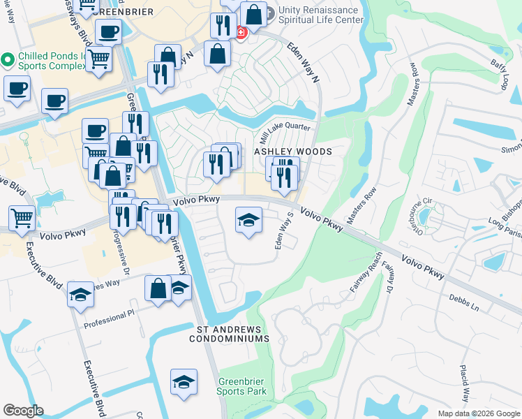 map of restaurants, bars, coffee shops, grocery stores, and more near 1116 Volvo Parkway in Chesapeake