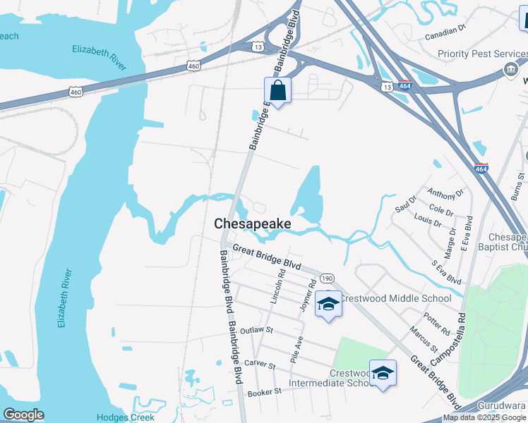 map of restaurants, bars, coffee shops, grocery stores, and more near Pvt 7 Rd in Chesapeake