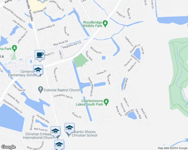 map of restaurants, bars, coffee shops, grocery stores, and more near 1933 Dolina Drive in Virginia Beach