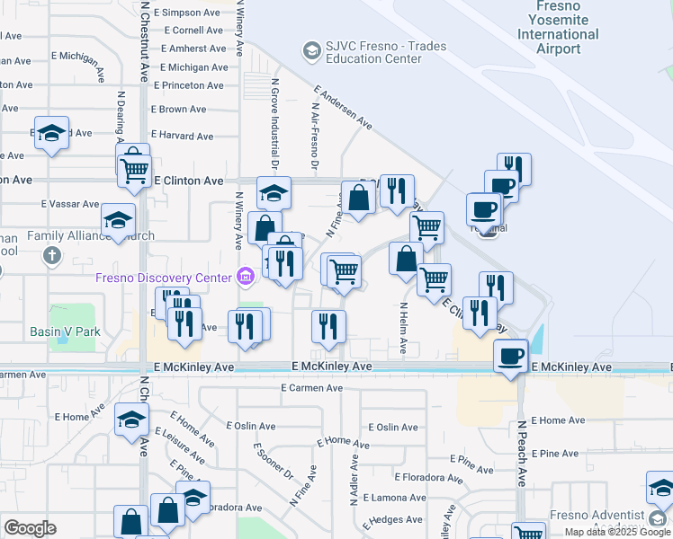 map of restaurants, bars, coffee shops, grocery stores, and more near 2134 North Fine Avenue in Fresno