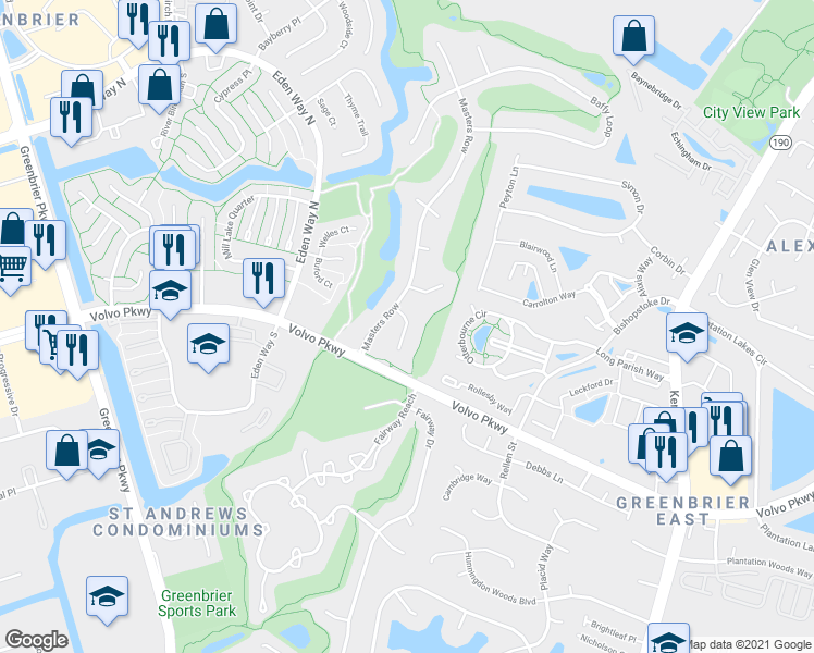 map of restaurants, bars, coffee shops, grocery stores, and more near 1305 Turnberry Court in Chesapeake