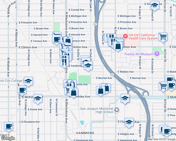 map of restaurants, bars, coffee shops, grocery stores, and more near 2004 East Cambridge Avenue in Fresno