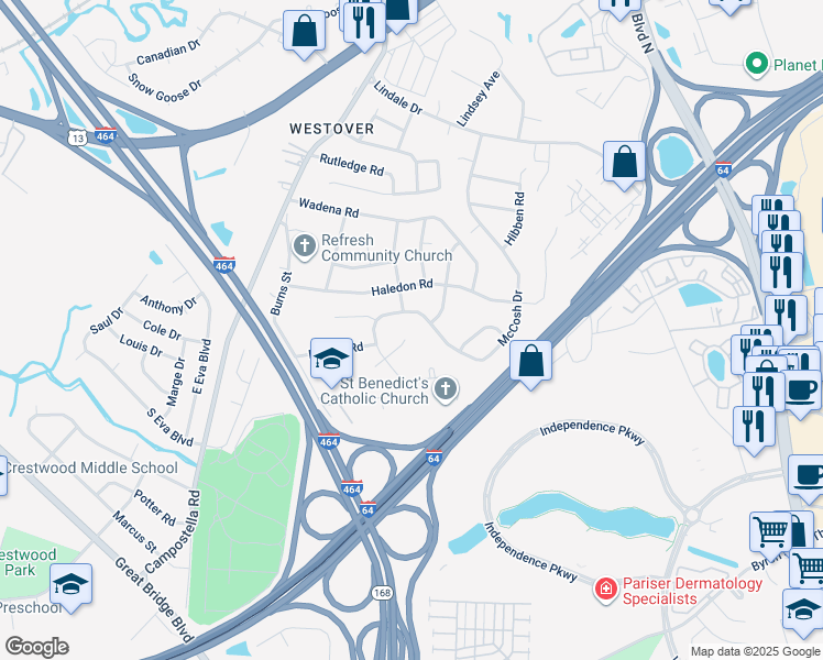 map of restaurants, bars, coffee shops, grocery stores, and more near 413 McCosh Drive in Chesapeake