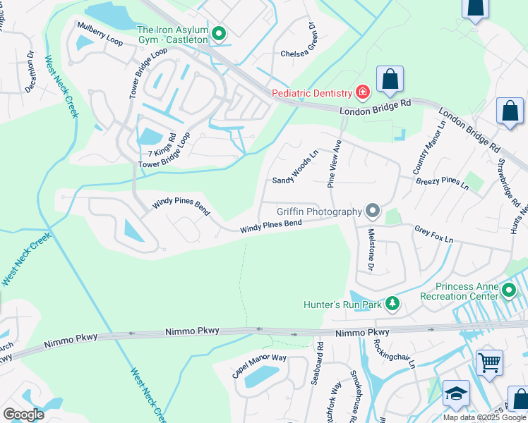 map of restaurants, bars, coffee shops, grocery stores, and more near 1960 Piney Woods Ln in Virginia Beach
