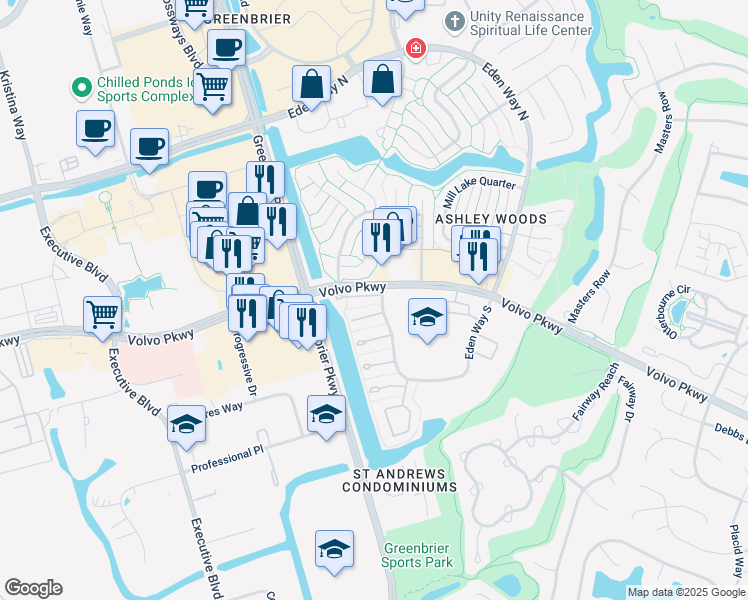 map of restaurants, bars, coffee shops, grocery stores, and more near 1032 Volvo Parkway in Chesapeake