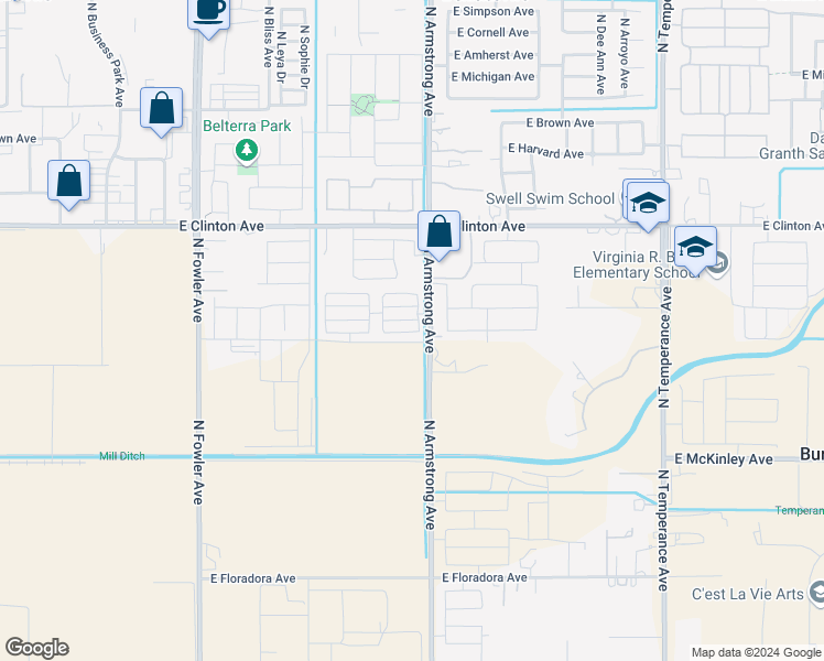 map of restaurants, bars, coffee shops, grocery stores, and more near 6446 East Meritage Drive in Fresno