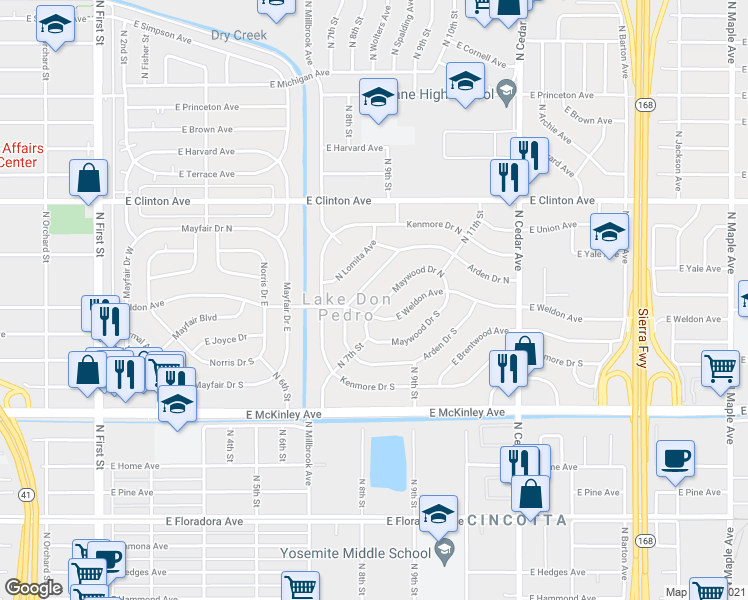 map of restaurants, bars, coffee shops, grocery stores, and more near in Fresno