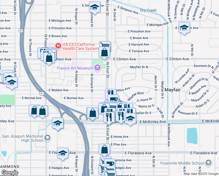 map of restaurants, bars, coffee shops, grocery stores, and more near 2044 North First Street in Fresno