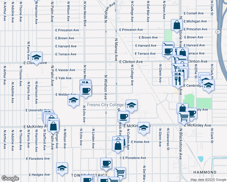 map of restaurants, bars, coffee shops, grocery stores, and more near 819 East Cambridge Avenue in Fresno