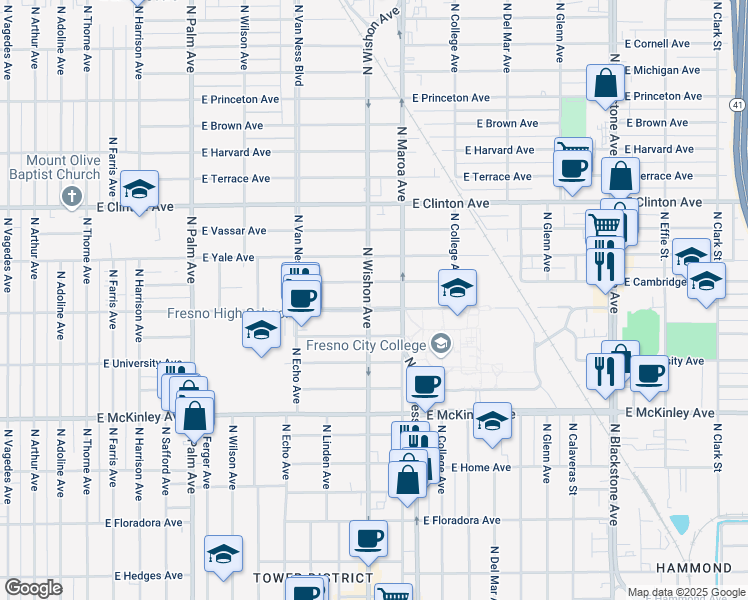 map of restaurants, bars, coffee shops, grocery stores, and more near 819 East Cambridge Avenue in Fresno