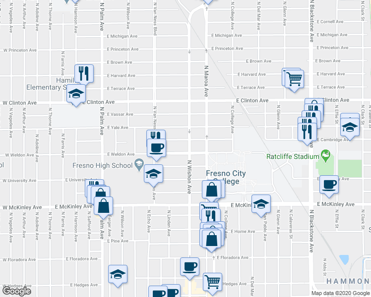 map of restaurants, bars, coffee shops, grocery stores, and more near 703 East Cambridge Avenue in Fresno
