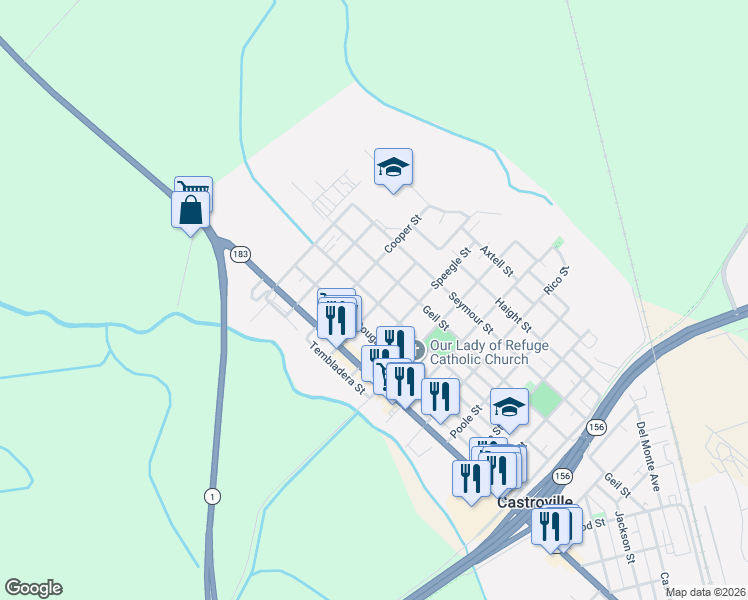 map of restaurants, bars, coffee shops, grocery stores, and more near 10480 Geil Street in Castroville