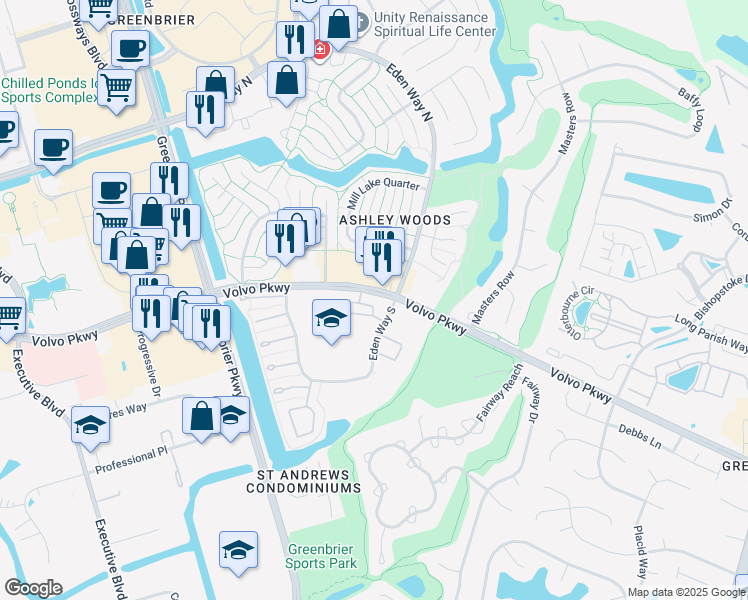 map of restaurants, bars, coffee shops, grocery stores, and more near 1116 Volvo Parkway in Chesapeake