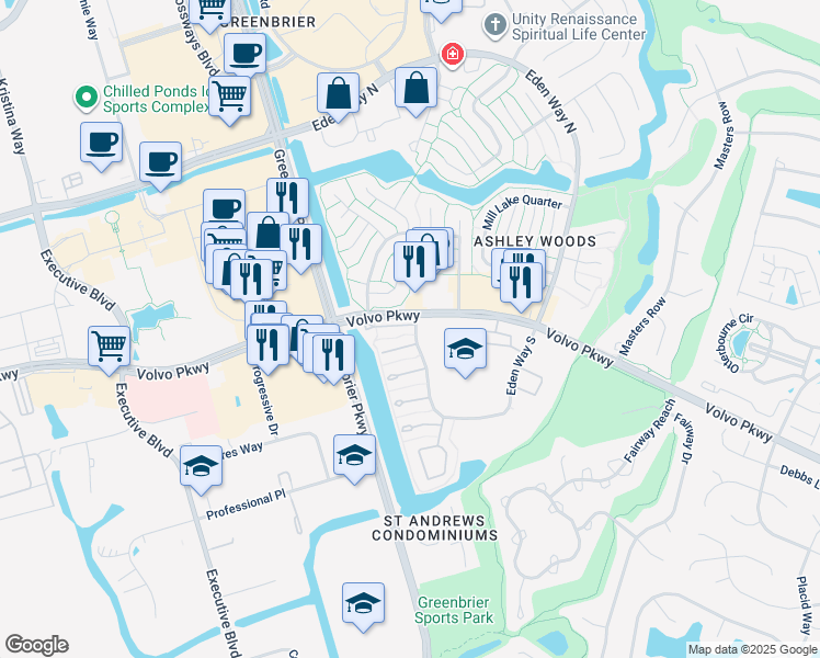 map of restaurants, bars, coffee shops, grocery stores, and more near 1032 Volvo Parkway in Chesapeake