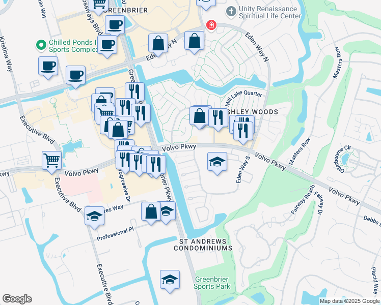 map of restaurants, bars, coffee shops, grocery stores, and more near 1032 Volvo Parkway in Chesapeake