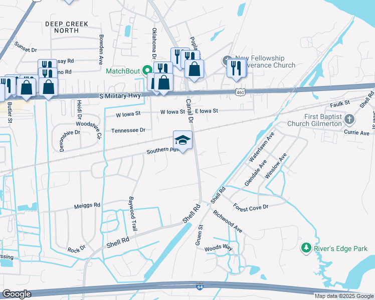 map of restaurants, bars, coffee shops, grocery stores, and more near 2540 Southern Pines Drive in Chesapeake