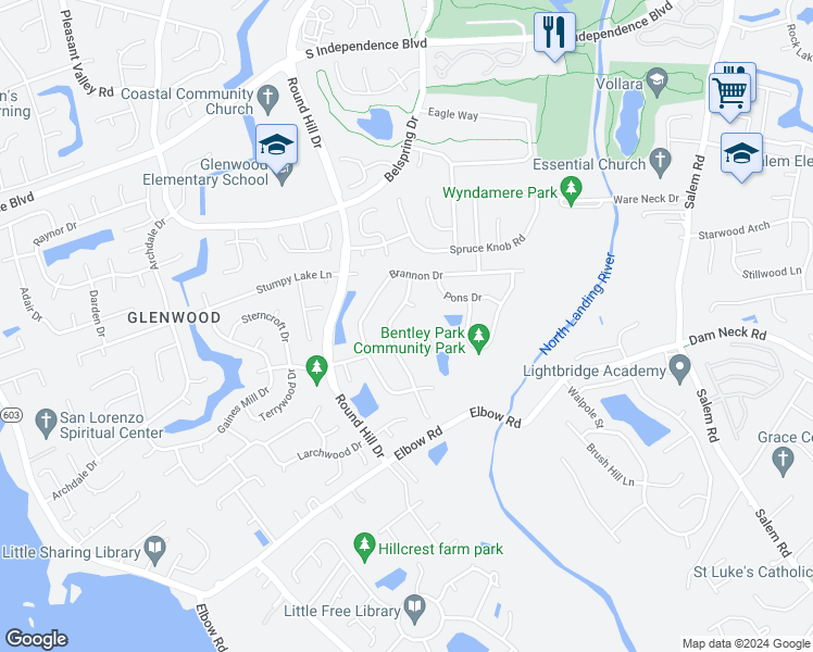 map of restaurants, bars, coffee shops, grocery stores, and more near 3628 Shipley Court in Virginia Beach