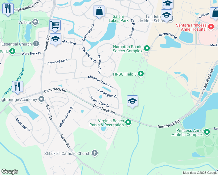 map of restaurants, bars, coffee shops, grocery stores, and more near 3869 Sherman Oaks Avenue in Virginia Beach