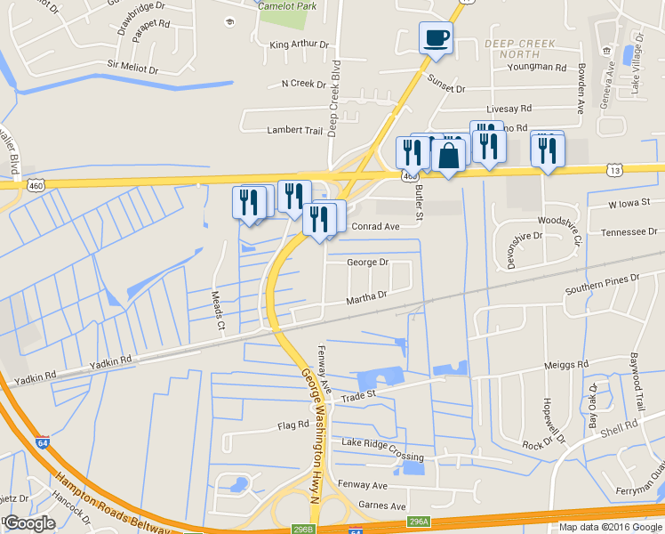 map of restaurants, bars, coffee shops, grocery stores, and more near 2757 George Drive in Chesapeake