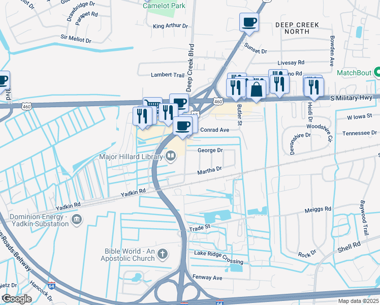 map of restaurants, bars, coffee shops, grocery stores, and more near 2757 George Drive in Chesapeake